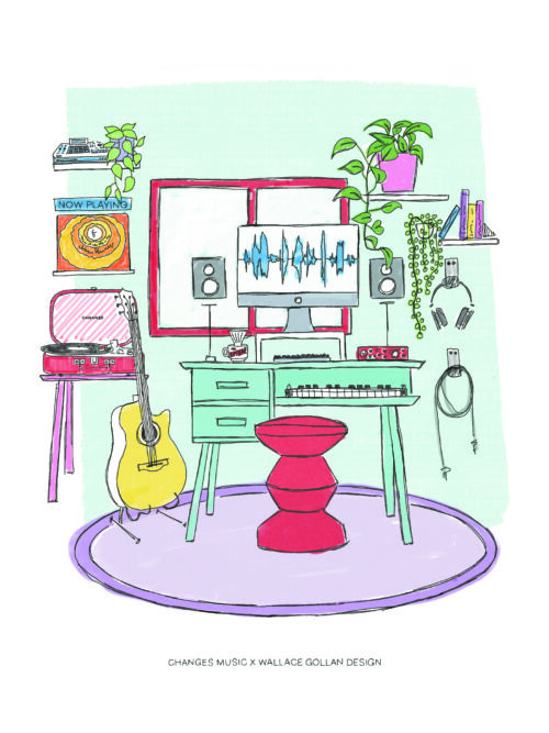 A digital drawing of an at-home music studio, featuring a computer monitor, acoustic guitar, cup of coffee, monitors, an interface, a record player, a midi keyboard, books and plants.